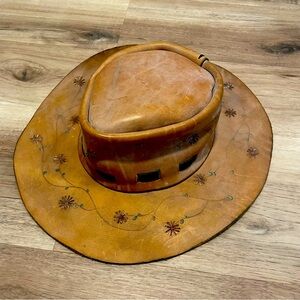 Vintage Hat Leather Western Cowboy Rancher Outback Embossed Tooled Handmade 60s